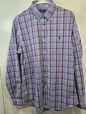 Ralph Lauren Slim Fit Performance Shirt Large Purple Plaid Stretch Button Down